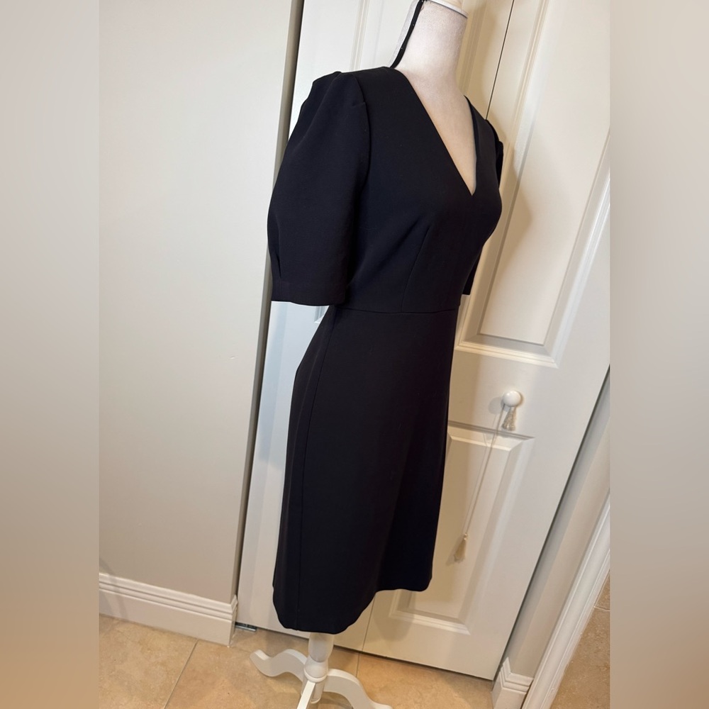 Ann Taylor Black Midi Sheath Dress with V-Neck and Puff Sleeves - Picture 4 of 12